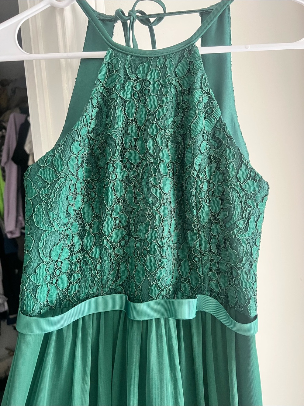 David's Bridal Forest Green Lace Halter Formal Dress - Picture 3 of 4